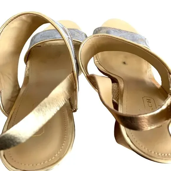 Coach Jezebel Metallic Logo Wood Heel Open Toe Buckle Wedge in Gold Silver 8.5